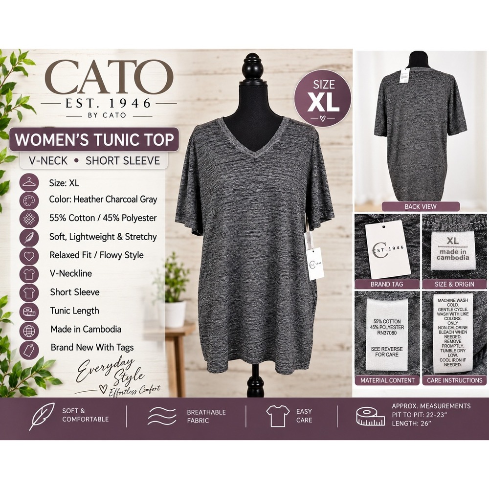 Cato Est. 1946 Womens XL Tunic Top Heather Charcoal Gray V-Neck Short Sleeve